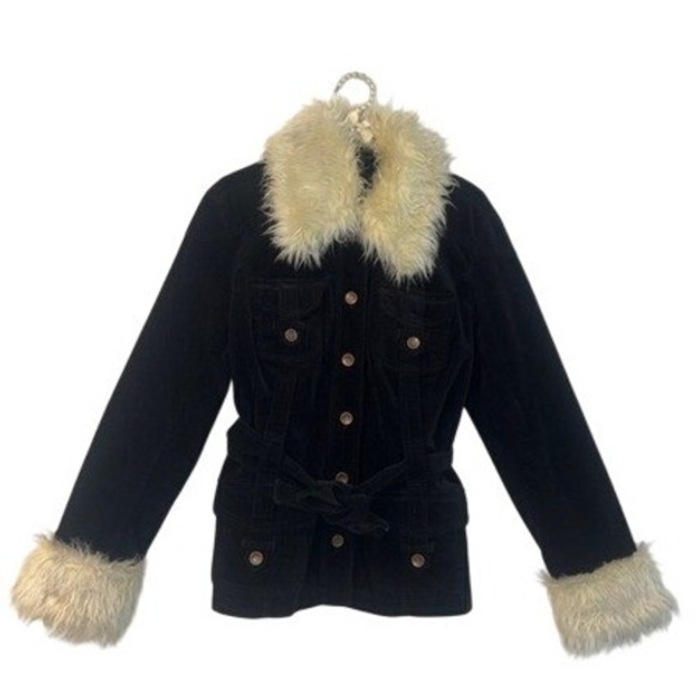 Inc penny lane Women's Black Jean Jacket Cream Faux Fur Collar & Cuffs Y2K Sz Lg